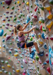 Indoor female rock climbing athlete