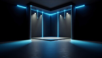 Eine Wand mit blauen Neonröhren, Licht, auf schwarzem Hintergrund, copy space, Hintergrund, mock up