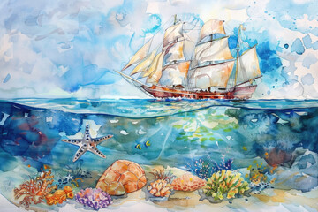 A detailed painting of a large ship sailing across the vast ocean, with waves crashing against its hull under a cloudy sky