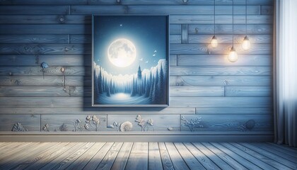 Blaue Holzwand mit Beleuchtung und Ornamenten, an der ein blaues Landschaftsbild hängt, Vordergrund Holzboden copy space, blanko