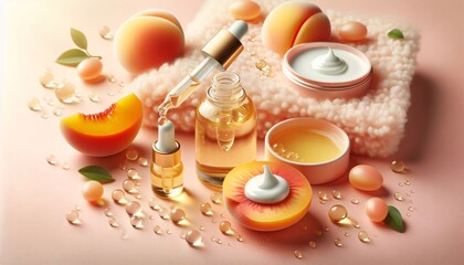 Naturkosmetik mit Flaschen, Tiegel und Pipette, in der Farbe peach fuzz mit Pfirsichen