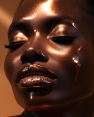 Portrait closeup of beautiful black woman. Beauty african face. Perfect shiny skin. Fashion model girl posing. Professional metallic makeup. Glossy nude dark beige make-up. Wet skin effect