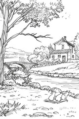 A drawing of a house situated next to a flowing river, surrounded by trees and bushes under a clear sky