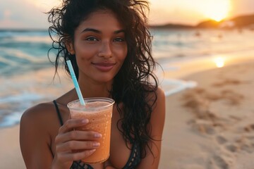 Beautiful Woman Enjoying Refreshing Drink at Beach Sunset