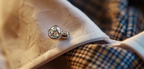 A striking diamond cufflink gleaming on a crisp white dress shirt.