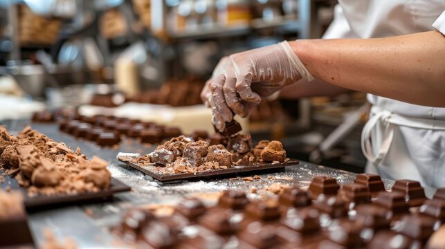 Professional chocolatier arranging gourmet truffles on a tray in a busy chocolate factory