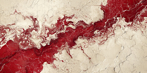 Marbled fusion of cherry red and ivory hues on a textured canvas