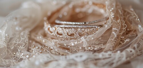 Cascading diamond bracelets nestled within a bed of delicate lace fabric.