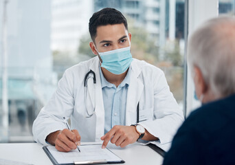 Doctor, man and document with mask in office for healthcare, information and consulting in clinic...