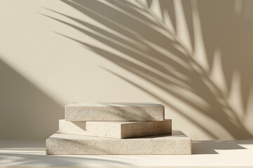 Three concrete blocks on a counter near a plant, AI-generated.