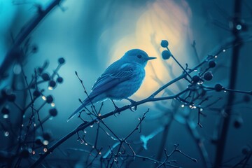 Tranquil image capturing a bird perched on a branch during a serene, blue-hued twilight
