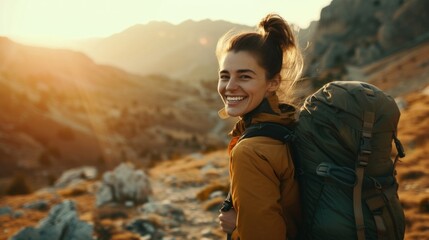 Naklejka premium Beautiful woman wearing hiking clothes, smiling with happiness, adventure traveling alone on the top of mountains with backpack in vacation trip on weekend