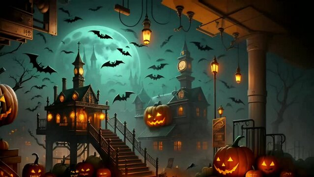 spooky ambiance of Halloween, captivating video featuring jack-o&rsquo;-lanterns, haunted house, bats, full moon, eerie lighting. Perfect for Halloween-themed projects, promotions, and visual storytelling