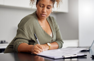 Writing, notes and woman planning for tax in home with laptop, research and reminder in budget....