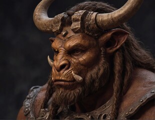 Fototapeta na wymiar The ancient Greek mythological character Minotaur is a half-man, half-wolf. A terrible monster from ancient legends. A character with a human body and a bull's head with horns.