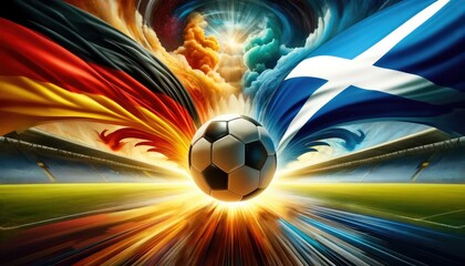 Germany vs Scotland football match, country flags and soccer ball on the stadium, UEFA Euro 2024, European Football Championship 2024, matchday 1, group stage 1