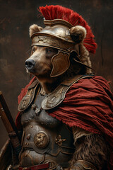 The Profile of an Adult Bear Portrayed as a Roman Soldier Against a Single-Color Background