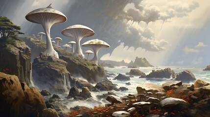 Agaricus mushrooms in a scenic coastal scene, with waves crashing against rugged rocks and seagulls flying overhead. - Powered by Adobe