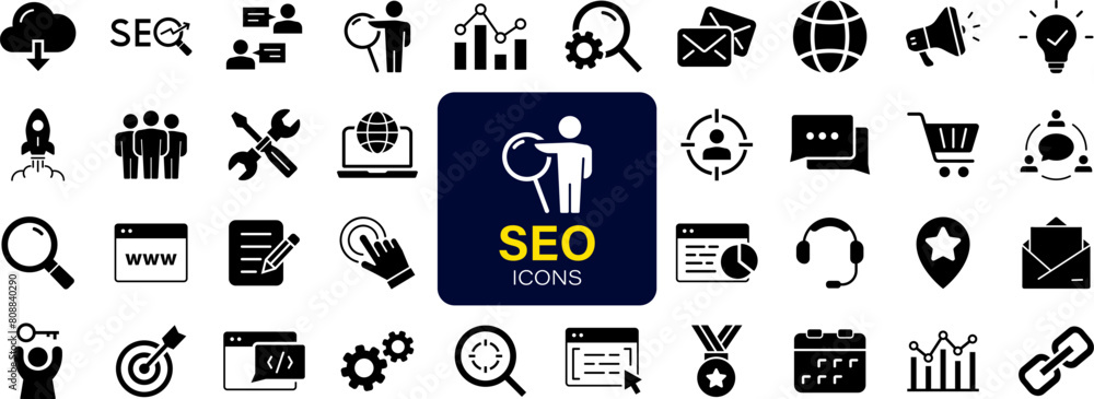 Poster SEO Optimisation set of web icons. Search Engine Optimization. Business, traffic, optimization, target. Search Engine and Marketing icons for web and mobile app. Solid vector icons collection