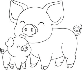 Cute kawaii horse and baby cartoon character coloring page vector illustration. Farm animal, mothers day colouring page for kids