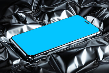 Smartphone mockup on metallic background. Mobile phone on inflatable glossy chrome cloth. App advertising mockup with blank screen 