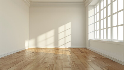 Empty room with a large window on the side. Mockup of a white wall with a wooden floor. Realistic illustration