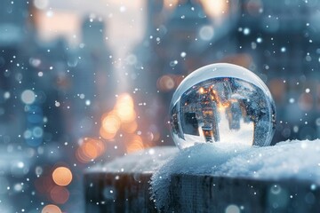 A crystal ball on a snowy ledge, the reflection showing a cityscape transformed by snow, with snowflakes highlighted against a soft-focus background