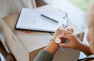 Box, clock and late delivery from courier with paperwork for signature, retail shipping and...