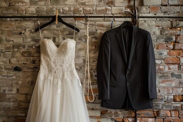 A wedding dress and a men wedding suit are hanging on a rope on a clothespin against the background of a brick wall