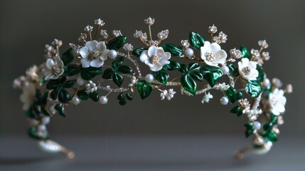 A crown of emerald leaves intertwined with delicate blossoms and pearls.