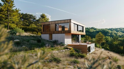 Fototapeta premium A modern house with large glass windows surrounded by a beautiful landscape. AIG51A.