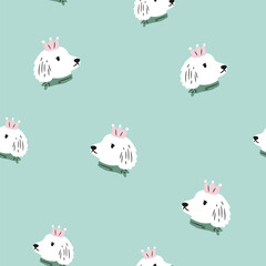 Seamless pattern with dogs in crowns at pale green background. Illustration for textile, print, wrapping paper, gift boxes
