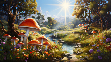 Agaricus mushrooms in a vibrant, sunlit clearing surrounded by wildflowers and buzzing bees.