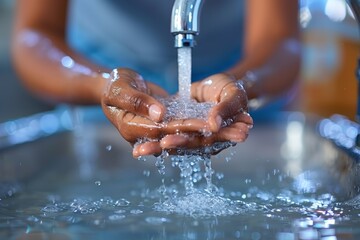 Close-up of hands catching streaming water from a tap, showing splashes and water drops