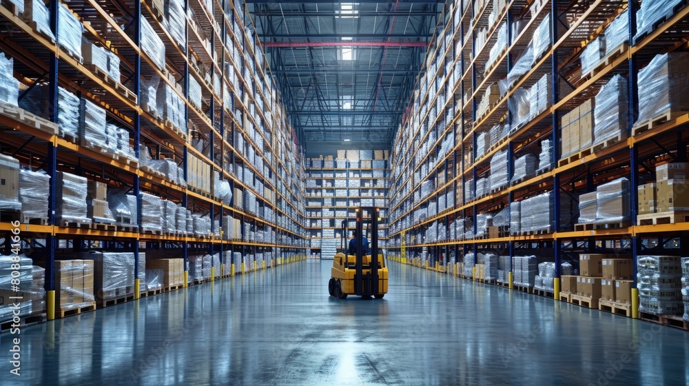 Poster smart warehouse worker or operator driving forklift and lifted product surrounded with box at storag