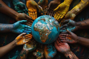 A group of people are holding hands around a globe