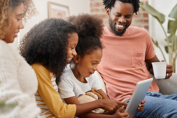 Black family, children and wow for tablet with education, game or streaming on sofa of home living...