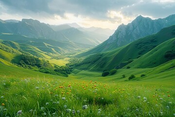 Fototapeta premium View of the green mountains and hills at sunset Gumbashi Pass in North Caucasus, Russia Beautiful summer landscape