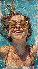 A girl sporting sunglasses, joyfully swims in the sea. Embrace the playful and carefree moments of summer