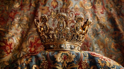 A majestic crown set against a backdrop of opulent brocade fabric.