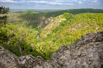 Rocky viewpoint over valley with river and surrounding spring forests under cloudy sky - Czech Republic, Europe