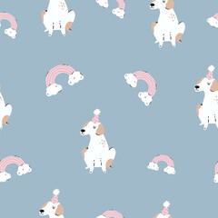 Seamless pattern with dogs in holiday hats and rainbows on blue background. Illustration for textile, print, wrapping paper, gift boxes