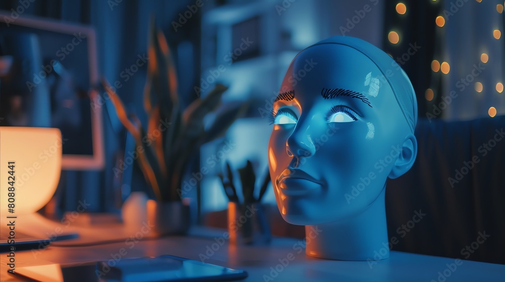 Poster a close-up portrait of a virtual assistant's interface, designed as a friendly, humanoid face on a d