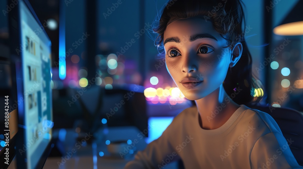 Poster a close-up portrait of a virtual assistant's interface, designed as a friendly, humanoid face on a d
