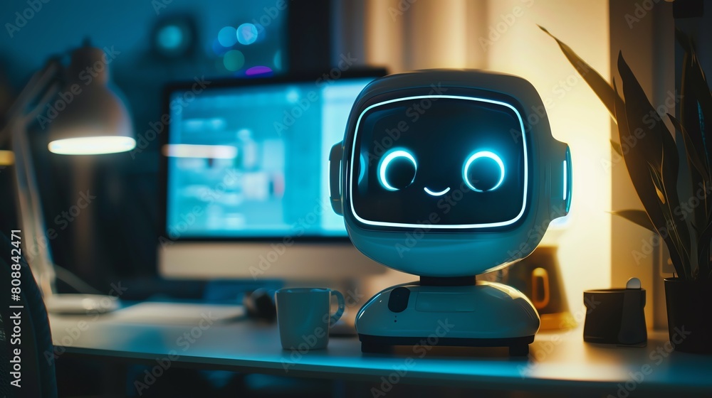 Poster a close-up portrait of a virtual assistant's interface, designed as a friendly, humanoid face on a d