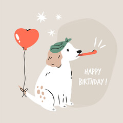 Spaniel dog in a head bandana with balloon tied to the tail. Hand drawn vector Birthday card, print, composition.