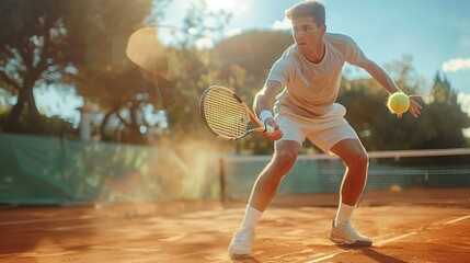 Man tennis player in white uniform plays tennis outdoors on tennis court and hits the ball.