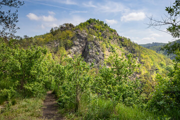 Spring landscape with path between green bushes and trees to rocky hill under blue sky