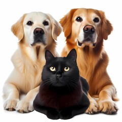 black cat and two golden retriever dogs, geneerative ai