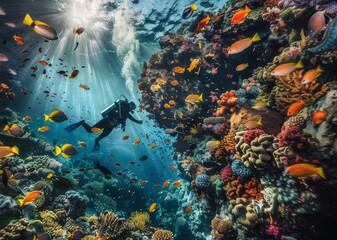 People dive on the seabed which is filled with coral and brightly colored and beautiful fish